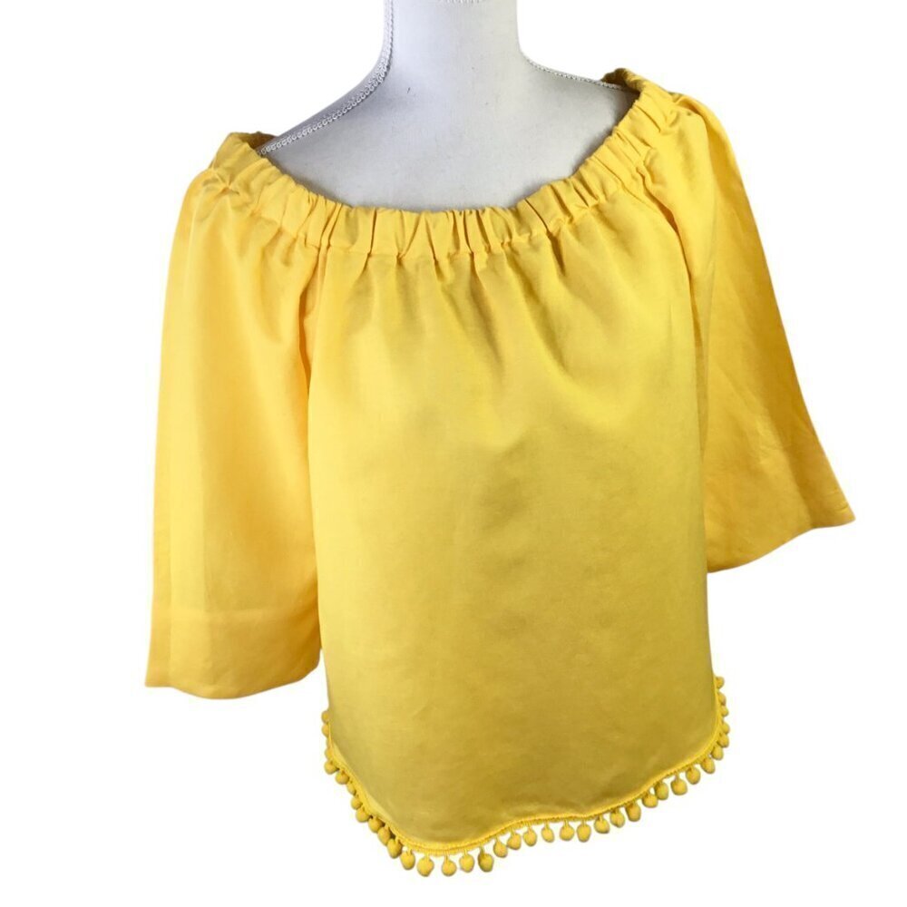 Joan Vass New York NWT Linen Top Off Shoulder Pom Poms Size M Yellow 3/4 Sleeve